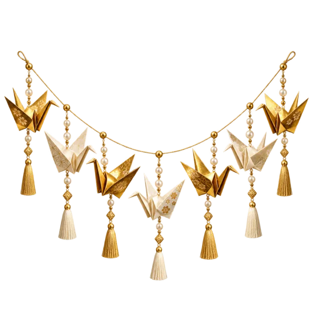Gold-colored origami crane garland with pearl-like beads and hanging tassels