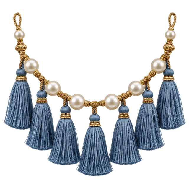 Blue tassel garland linked by large pearl-like beads and gold-colored fittings