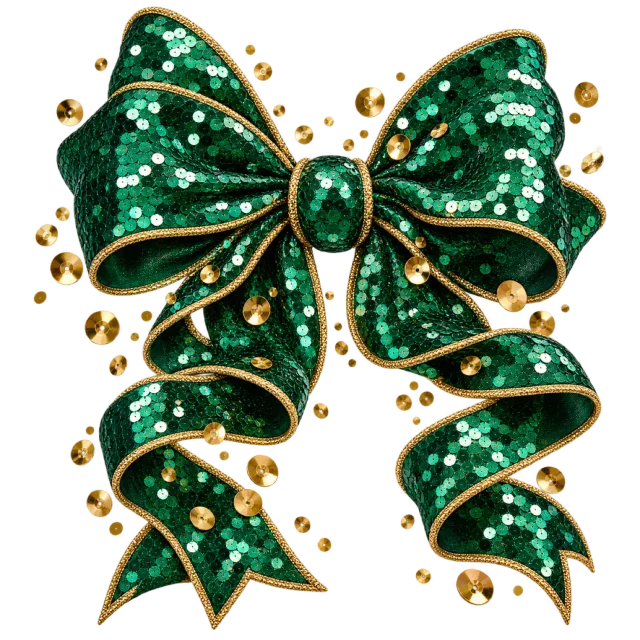 Sparkling emerald bow edged in gold with small floating confetti pieces