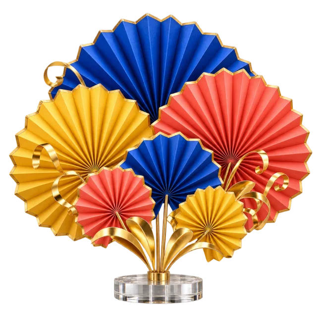 Blue, coral and yellow pleated paper fans arranged on a small stand