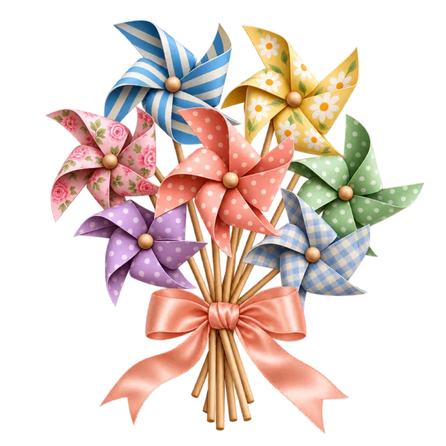 Bouquet of patterned pastel pinwheels tied with a peach ribbon