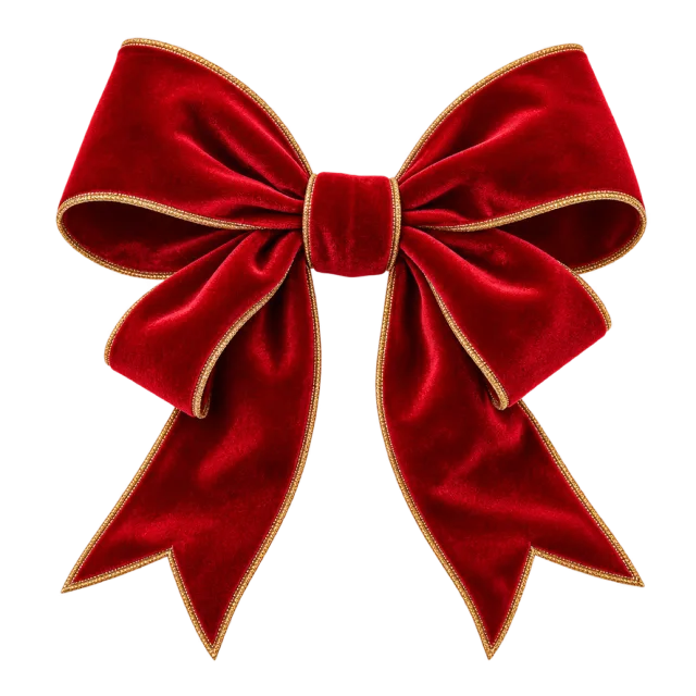 A red velvet bow with gold edging and two hanging ribbon tails