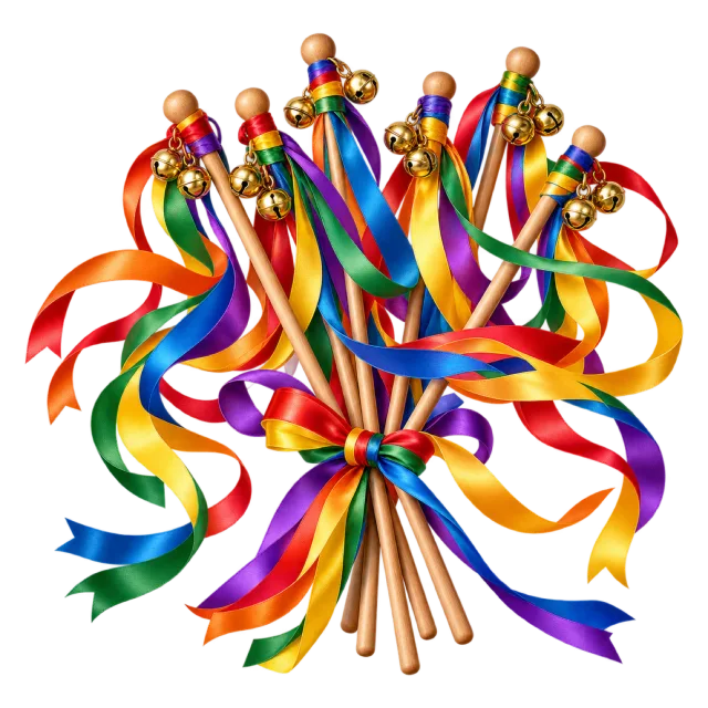 Bundle of wooden-style wands with colorful flowing ribbons and round finials