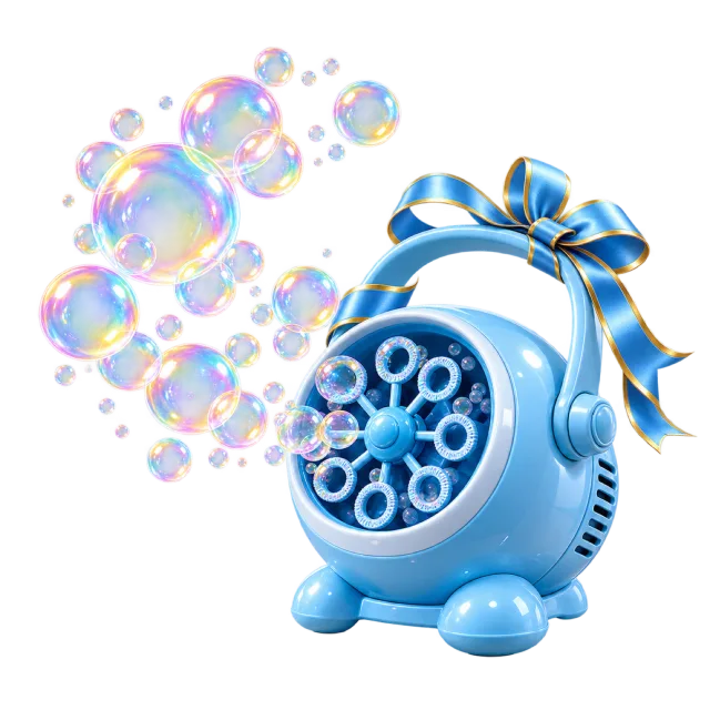 Blue bubble machine releasing iridescent bubbles beneath a blue and gold bow