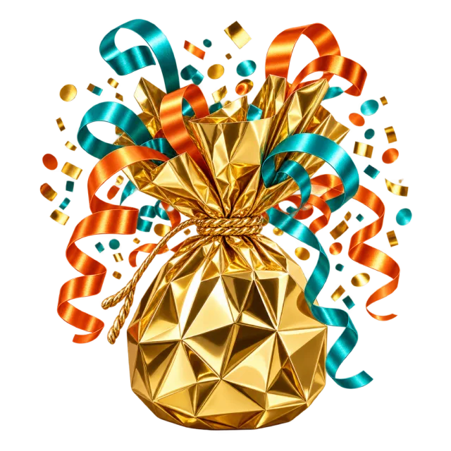 Faceted gold-colored balloon weight with orange and teal ribbons and scattered confetti