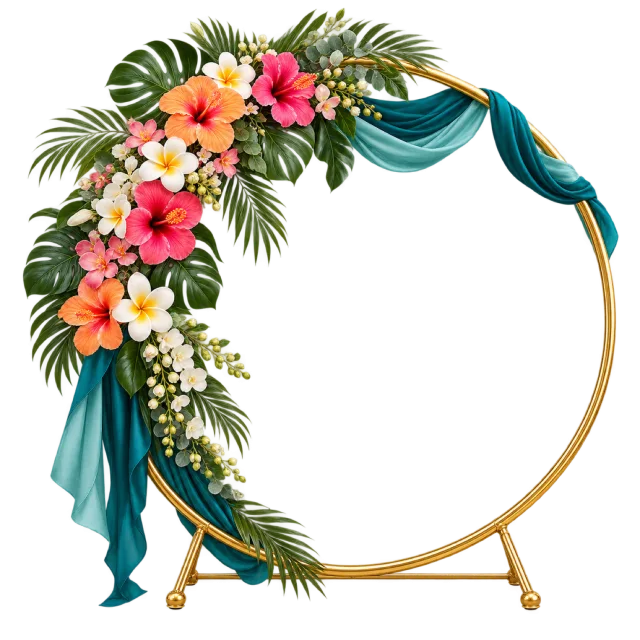 Gold-colored circular party hoop decorated with tropical flowers and draped teal fabric