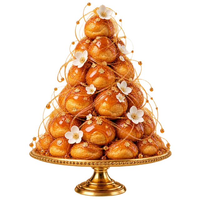 Tower of golden pastry puffs with delicate caramel-style strands and small white flowers