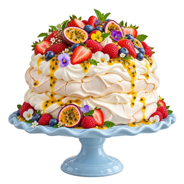 Layered white pavlova topped with colorful fruit and flowers on a pale blue stand