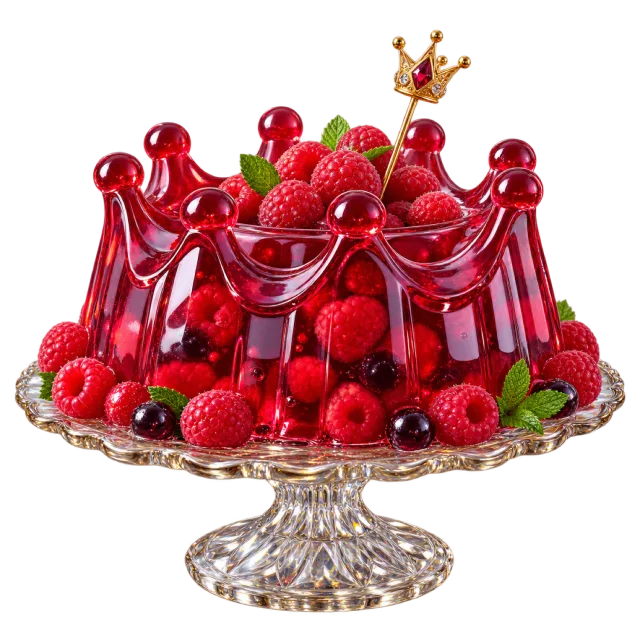 Red crown-shaped jelly dessert surrounded by berries on an ornate pedestal plate
