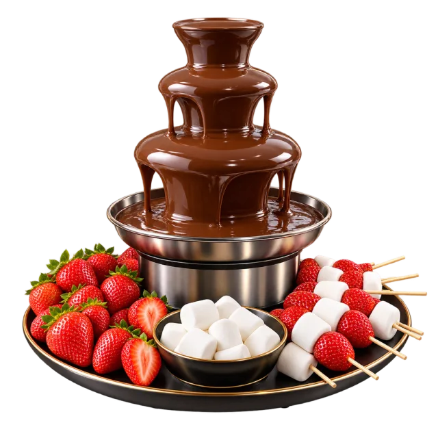 Tiered chocolate fountain with strawberries, marshmallows and fruit skewers arranged below