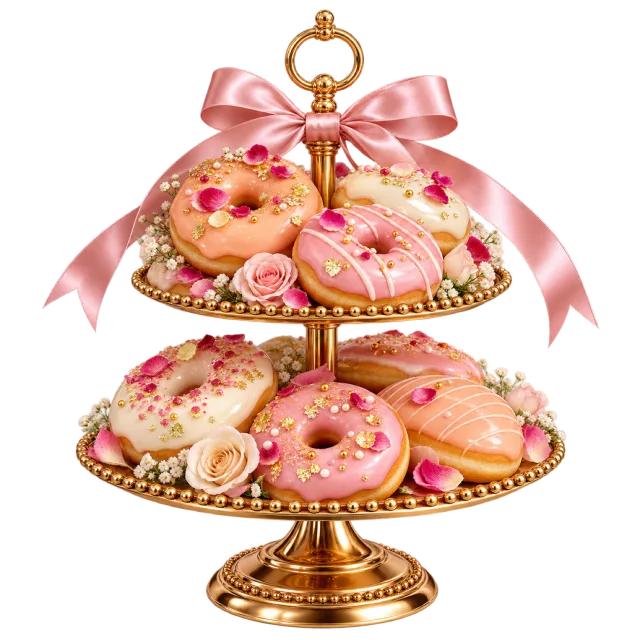 Two-tier gold-colored stand holding pink iced donuts beneath a pink bow