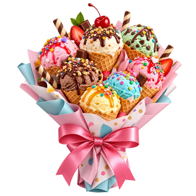 Bouquet of decorated ice cream cones wrapped in pastel paper and tied with a pink bow