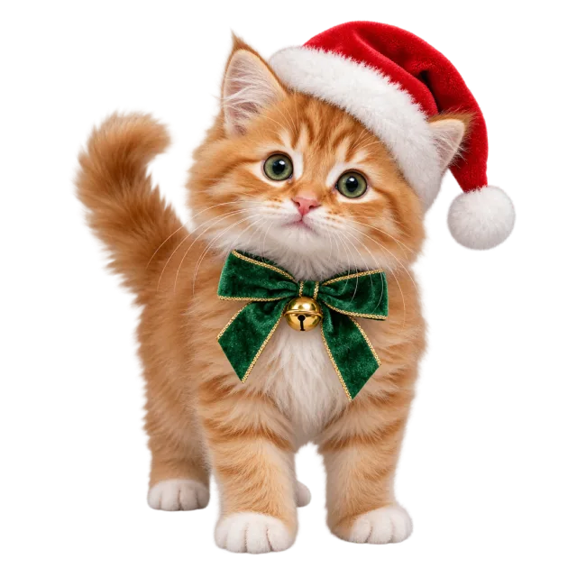An orange kitten wearing a red Santa hat and green bow with a gold bell