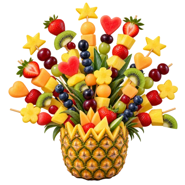 Colorful fruit skewers with heart and star shapes arranged in a pineapple shell