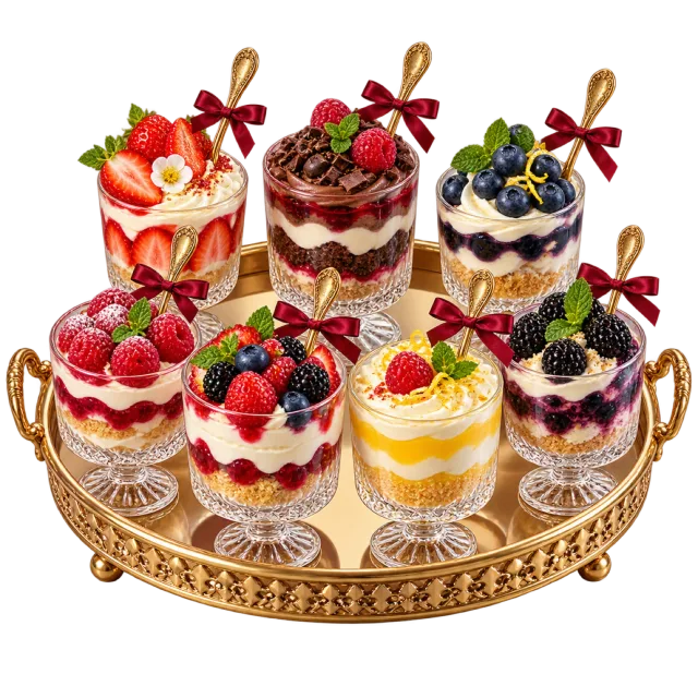 Gold-colored serving tray with small layered dessert cups topped with fruit and ribboned spoons