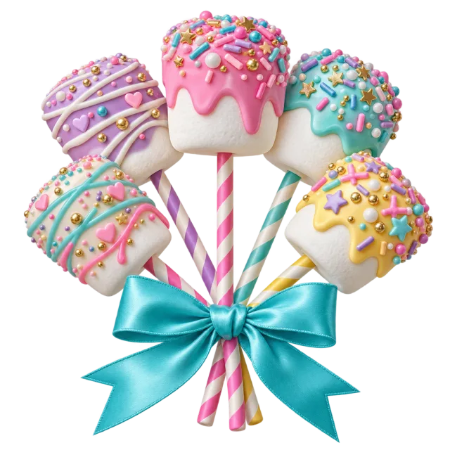 Pastel iced marshmallow treats on striped sticks tied together with a turquoise bow
