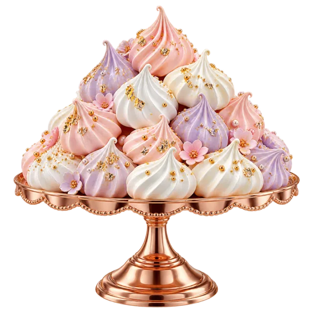 Pile of pastel meringue kisses on a rose gold-colored pedestal plate