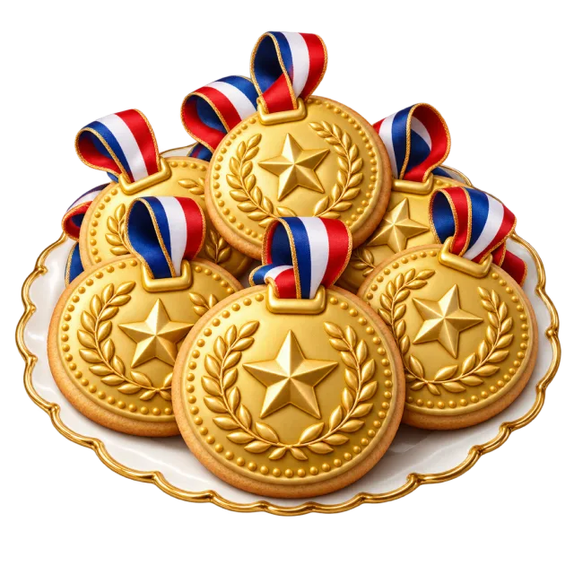 Platter of gold-colored medal cookies decorated with stars and red white and blue ribbons