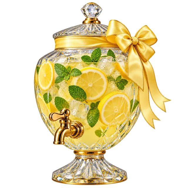Clear lemonade dispenser with lemon slices, mint leaves, a gold-colored tap and yellow bow