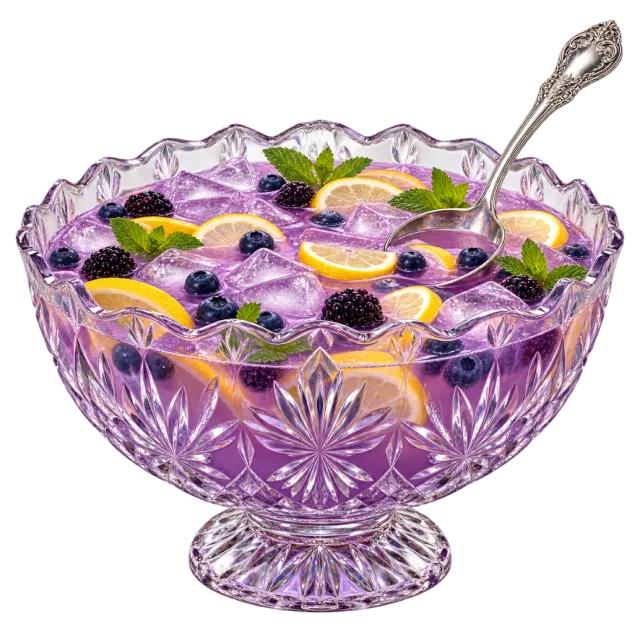 Faceted clear bowl filled with purple punch, citrus slices and berries beside a serving spoon
