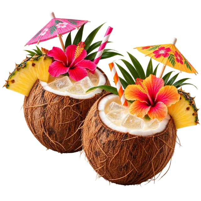 Two coconut-shell drinks decorated with tropical flowers, pineapple and small paper umbrellas