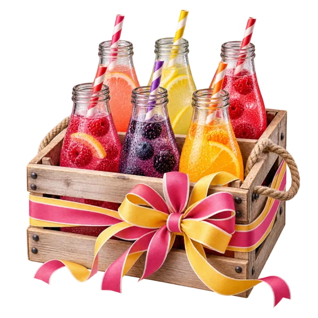 Wooden crate filled with colorful bottled drinks and striped straws tied with pink and yellow ribbons