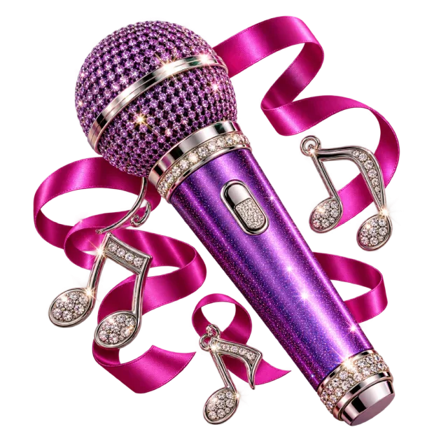 Purple sparkling microphone surrounded by pink ribbon and silver-colored musical notes