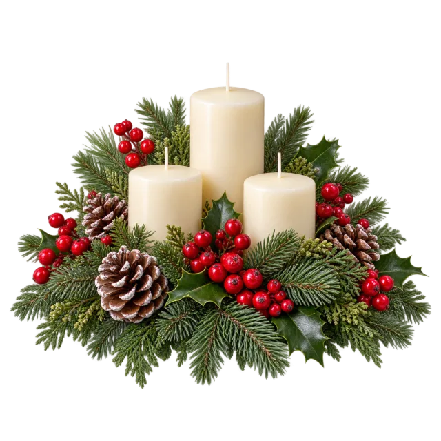 Three ivory candles surrounded by pine branches, pinecones and red berries