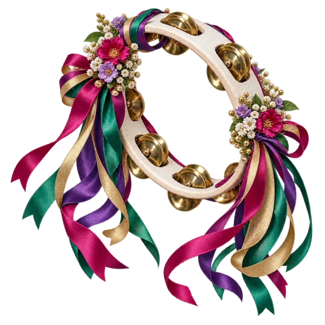 Tambourine decorated with small flowers and long jewel-toned ribbons