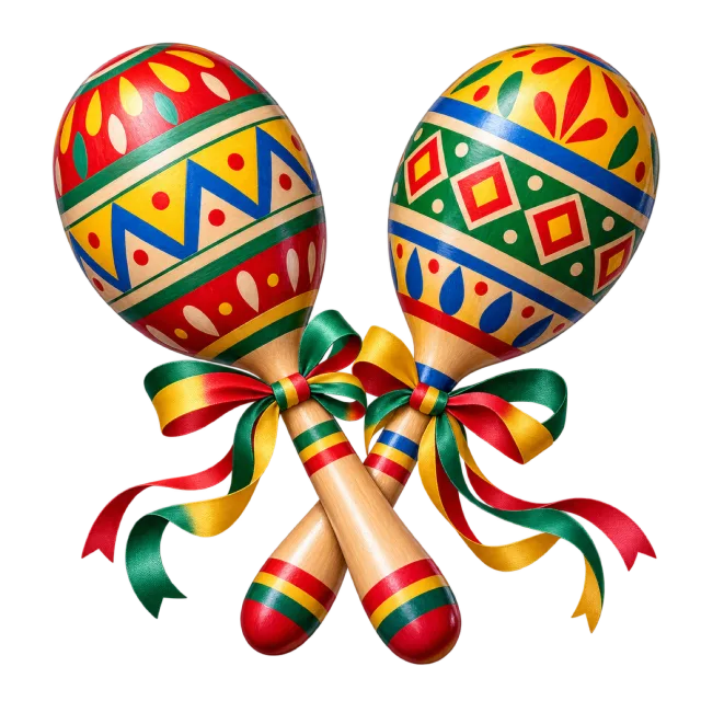 Pair of brightly patterned maracas with multicolored ribbon bows