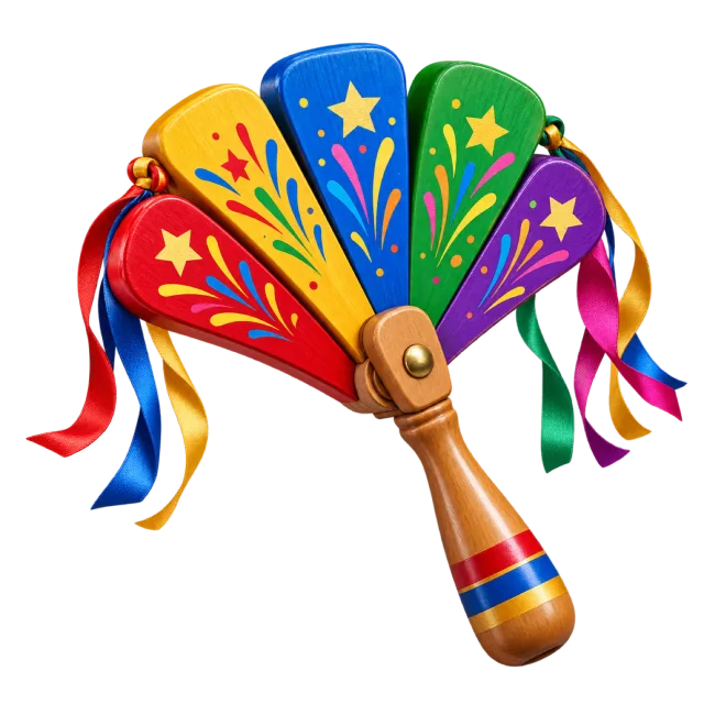 Colorful fan-shaped party clapper with star patterns, ribbons and a wooden-style handle
