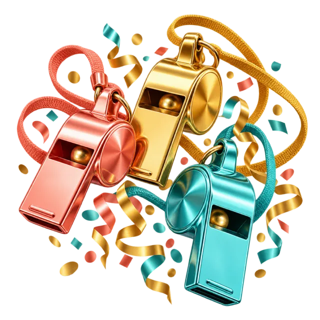 Gold-colored, coral and teal whistles surrounded by ribbons and confetti