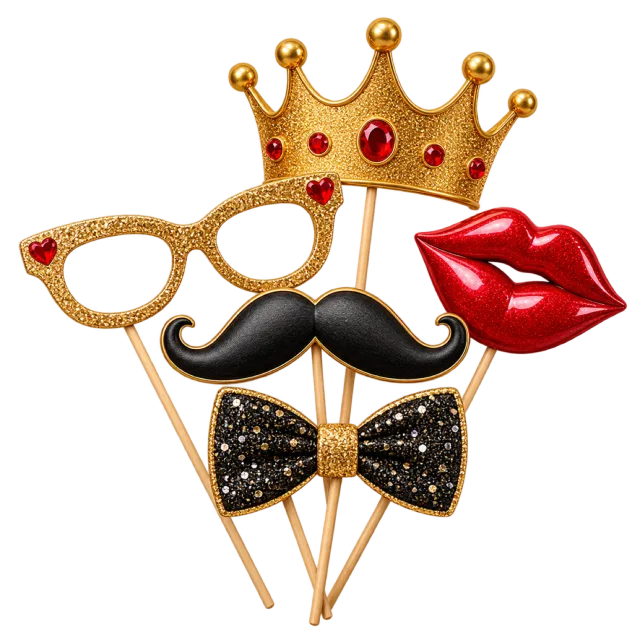 Photo booth props on sticks including glasses, a crown, lips, a moustache and a bow tie
