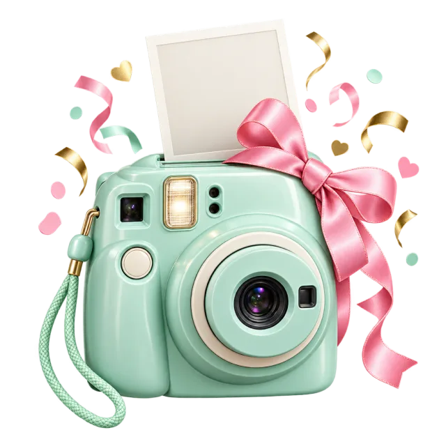 Mint green instant camera with a pink bow, blank photo print and confetti