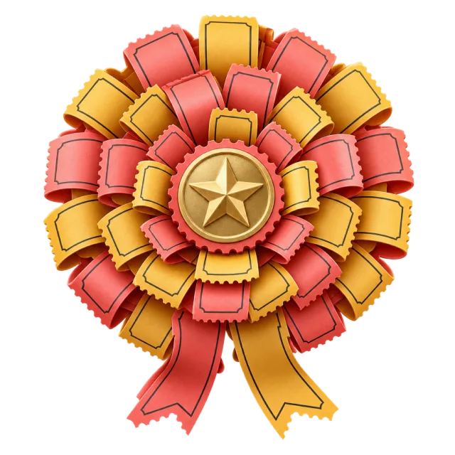 Coral and gold ticket-style rosette with a central star medallion and ribbon tails