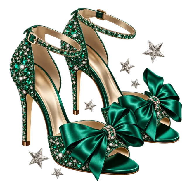 Pair of sparkling emerald high-heeled shoes with large bows and nearby silver-colored stars