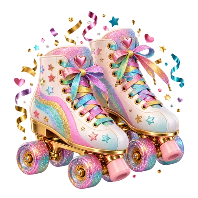 Pair of pastel roller skates with rainbow laces, colorful wheels and confetti