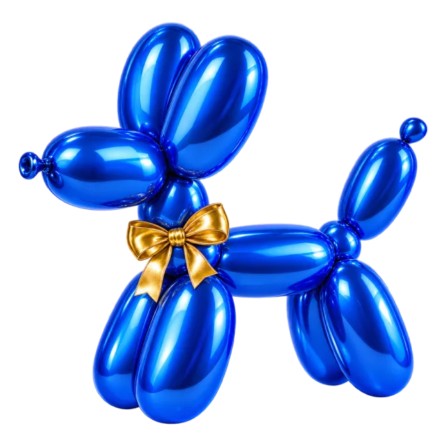 Glossy blue balloon dog with a small gold-colored bow