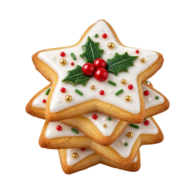 Star-shaped cookies with white icing, holly decorations and red sprinkles