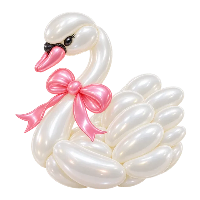 Pearl-white balloon swan with a pink beak and bow