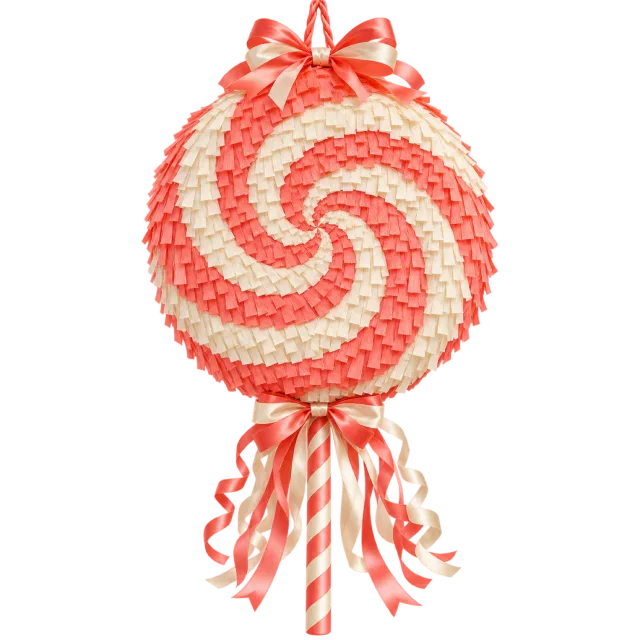 Coral and cream spiral lollipop pinata with hanging ribbons and a bow