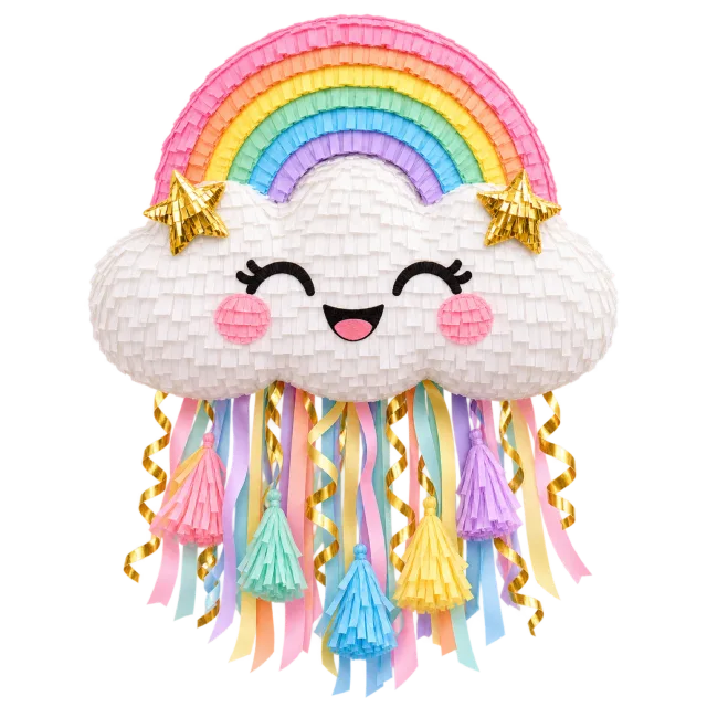 Smiling white cloud pinata with a rainbow and long pastel tassels