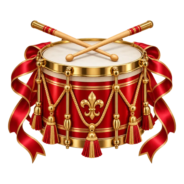 Red and gold party drum with crossed drumsticks and flowing red ribbons