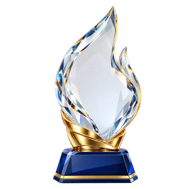 Clear flame-shaped award with gold-colored accents on a blue pedestal