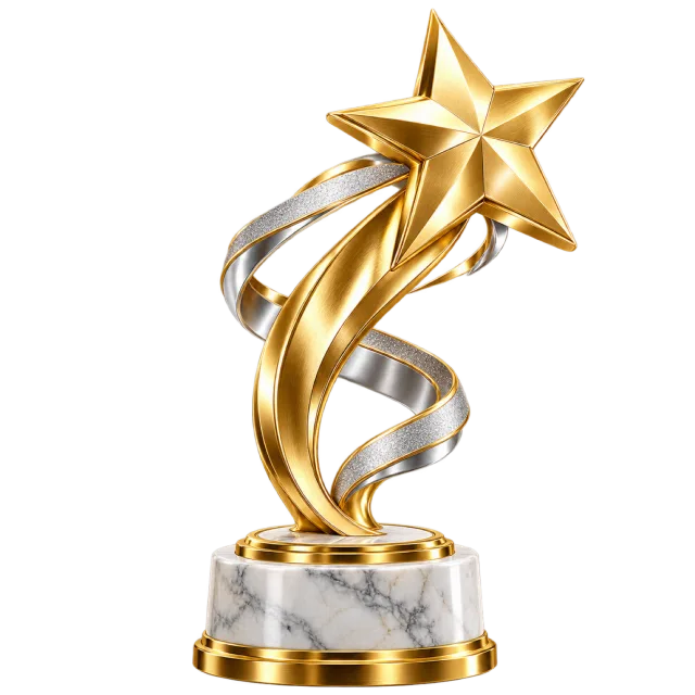 Gold-colored star award rising from curved gold and silver ribbons above a marble-style base