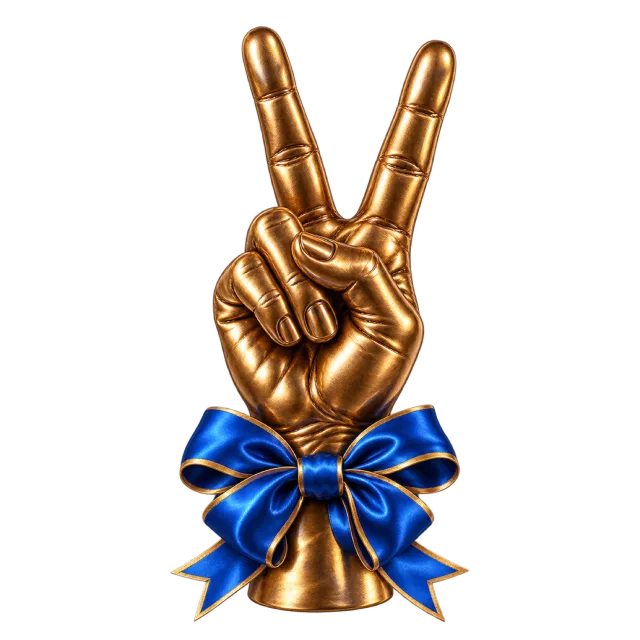 Gold-colored hand sculpture making a victory sign above a blue ribbon bow