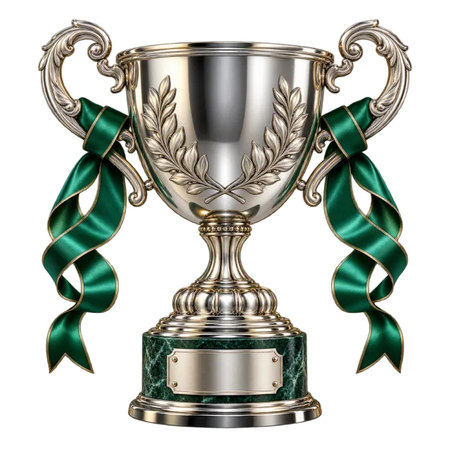 Silver-colored trophy cup with laurel details and green ribbons tied to its handles