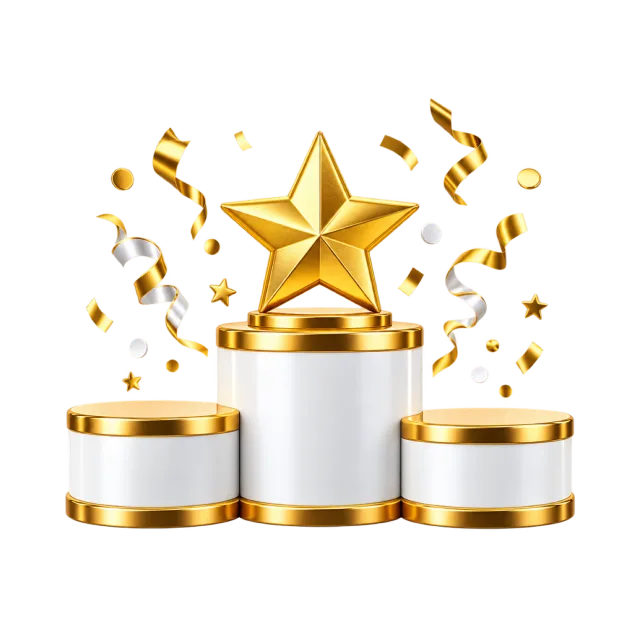 Three white and gold podiums with a gold-colored star award and falling confetti