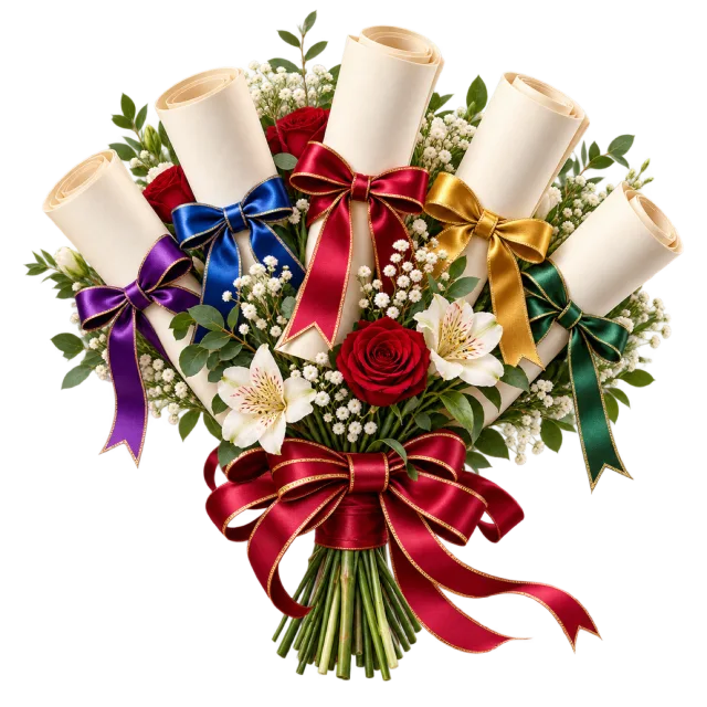 Bouquet of rolled diplomas with colorful ribbons, flowers and greenery