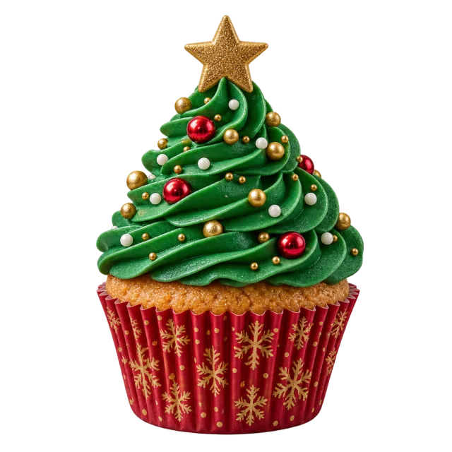 A cupcake topped with green tree-shaped frosting, red decorations and a gold star